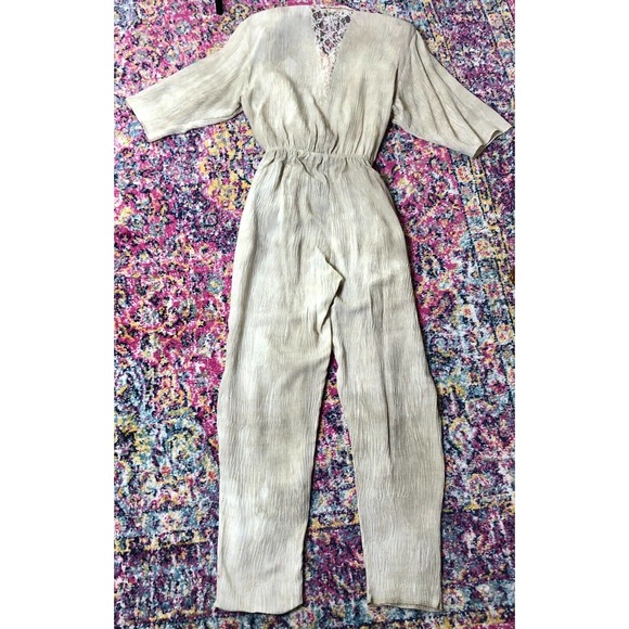 Vintage 80s On The Rocks Jumpsuit Lace Crinkle Wrinkle Tie Front - Picture 1 of 16